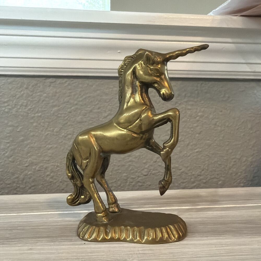 Vintage Solid Brass Metal Unicorn Figurine 4-1/4”Tall Natural Patina